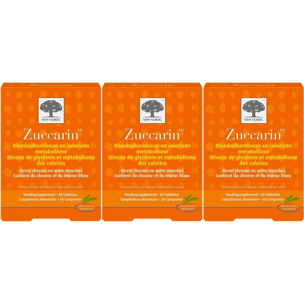 Drie oranje dozen met de productnaam Zuccarin. Op elke doos staat de merknaam New Nordic en andere productinformatie.