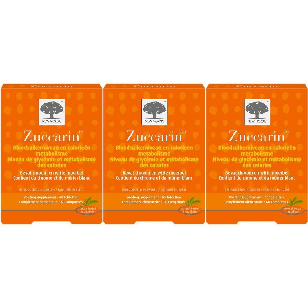 Drie dozen Zuccarin. Oranje verpakking met productnaam en logo. Bevat 60 tabletten.