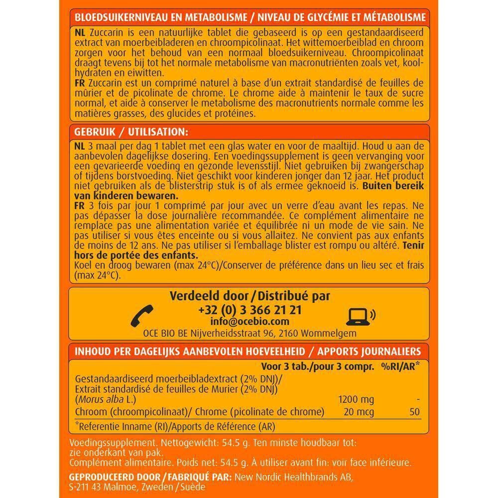 Tekst op oranje achtergrond. Informatie over ingrediënten, gebruik en voedingswaarde.