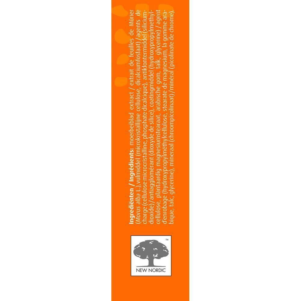 Oranje zijkant van de verpakking met ingrediëntenlijst. Bevat ingrediënten zoals moerbei-extract.