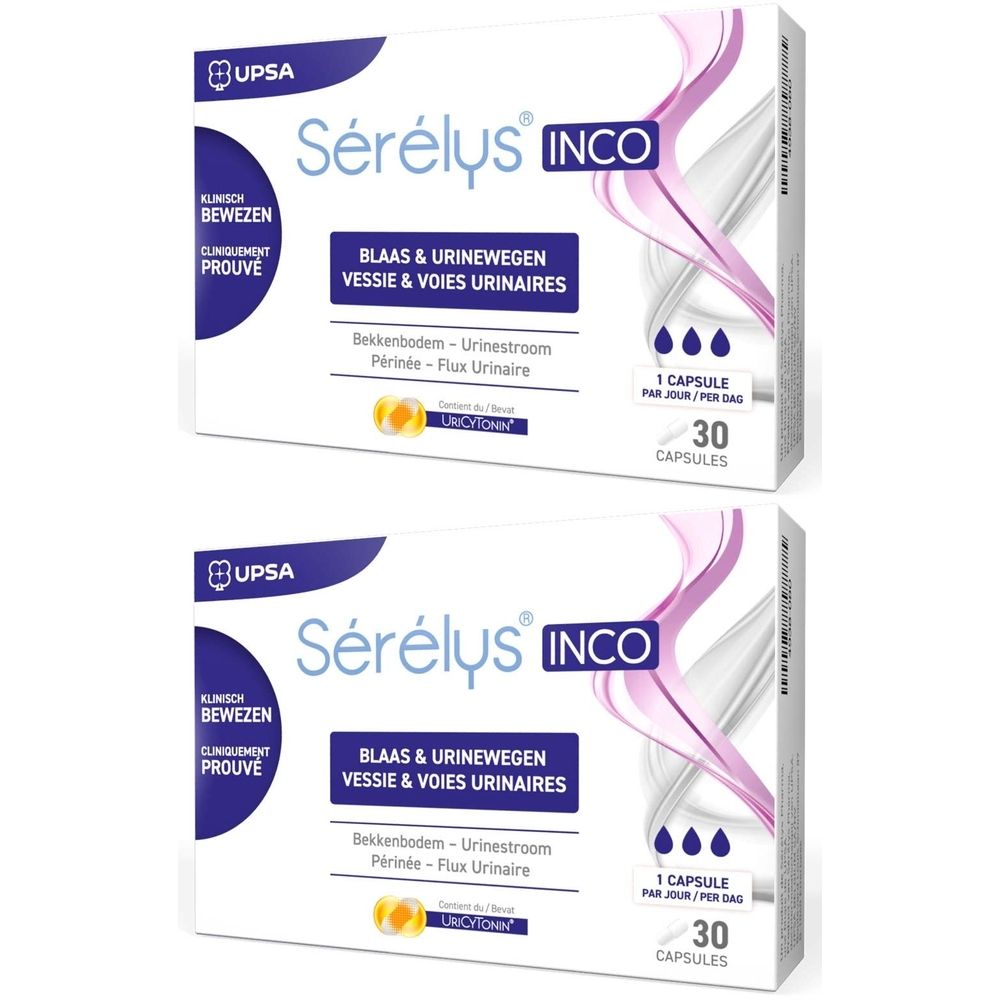 Twee dozen Sérélys INCO. Opschrift: Blaas & Urinewegen, Vessie & Voies Urinaires. 30 capsules. Merk UPSA.