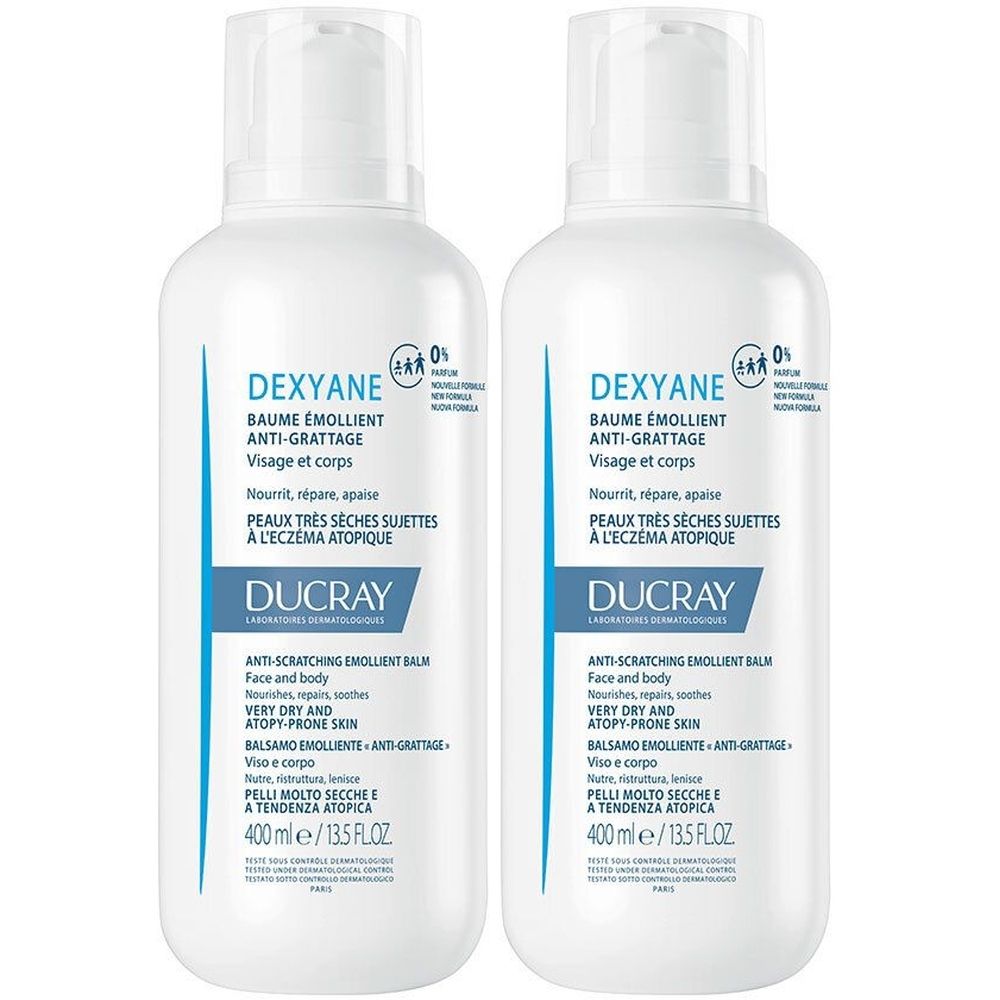 Twee witte flessen met etiketten. Opschrift: DEXYANE, Baume Emollient Anti-grattage. Voor zeer droge huid. 400 ml.