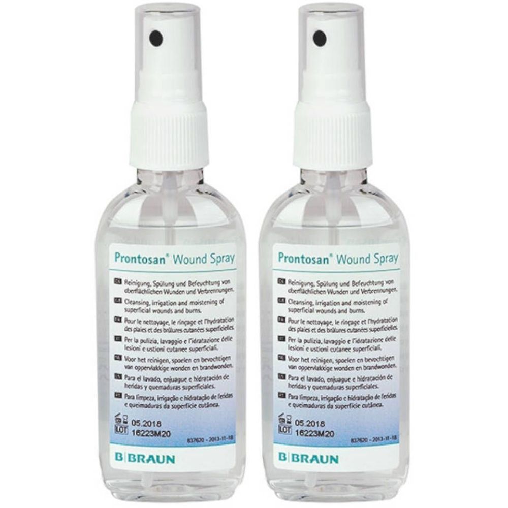 Deux flacons pulvérisateurs transparents avec tête blanche. Inscription : Prontosan Wound Spray. Marque : B. Braun. Impression avec date d'expiration.