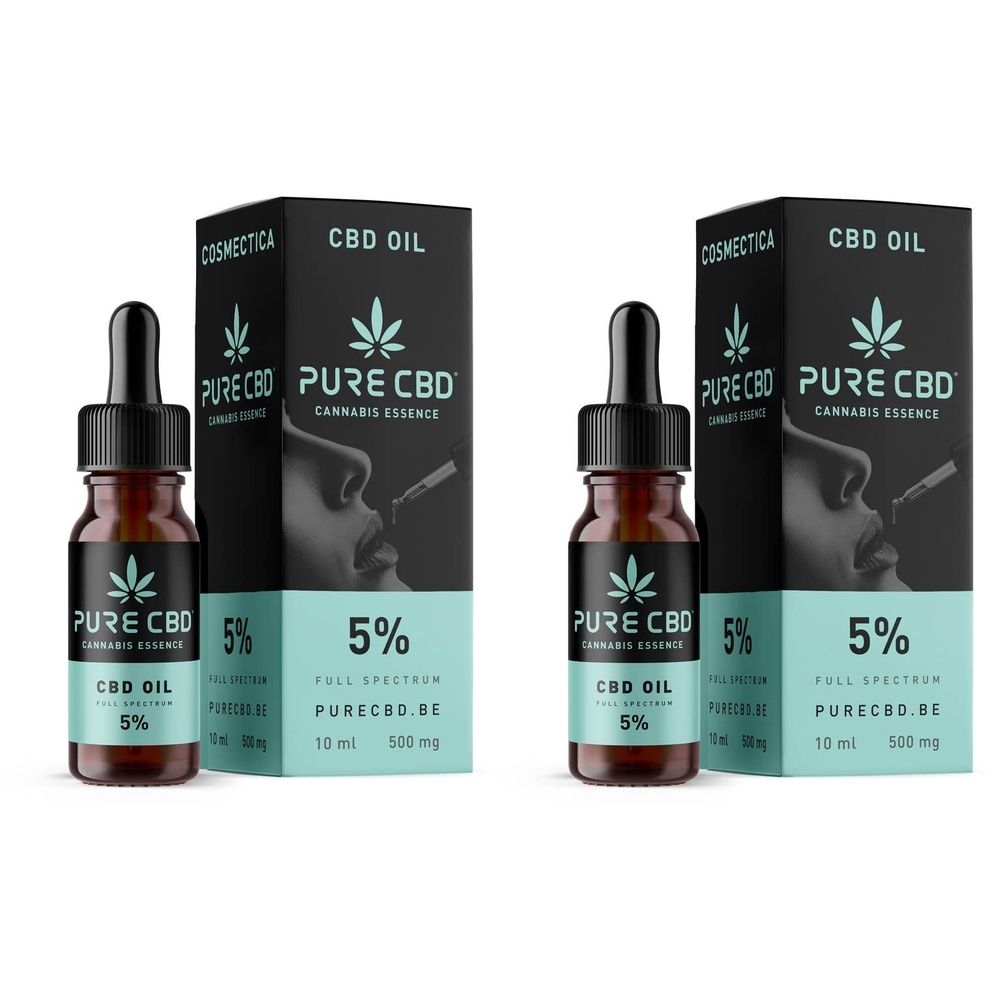 Bruine glazen fles met zwarte druppelaar en doos met Pure CBD 5%.