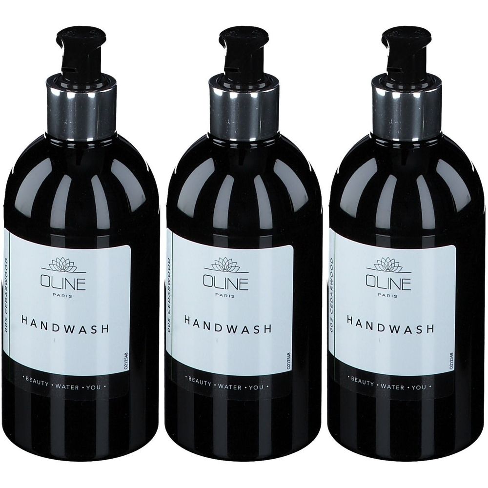 Drie zwarte handzeepflessen met zilveren pompen. De etiketten tonen "OLINE PARIS HANDWASH".
