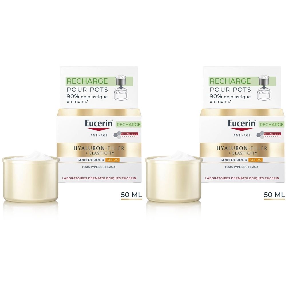 Pot de crème et carton. Eucerin Hyaluron-Filler + Elasticity Soin de Jour SPF 30 Recharge. 50 ml.