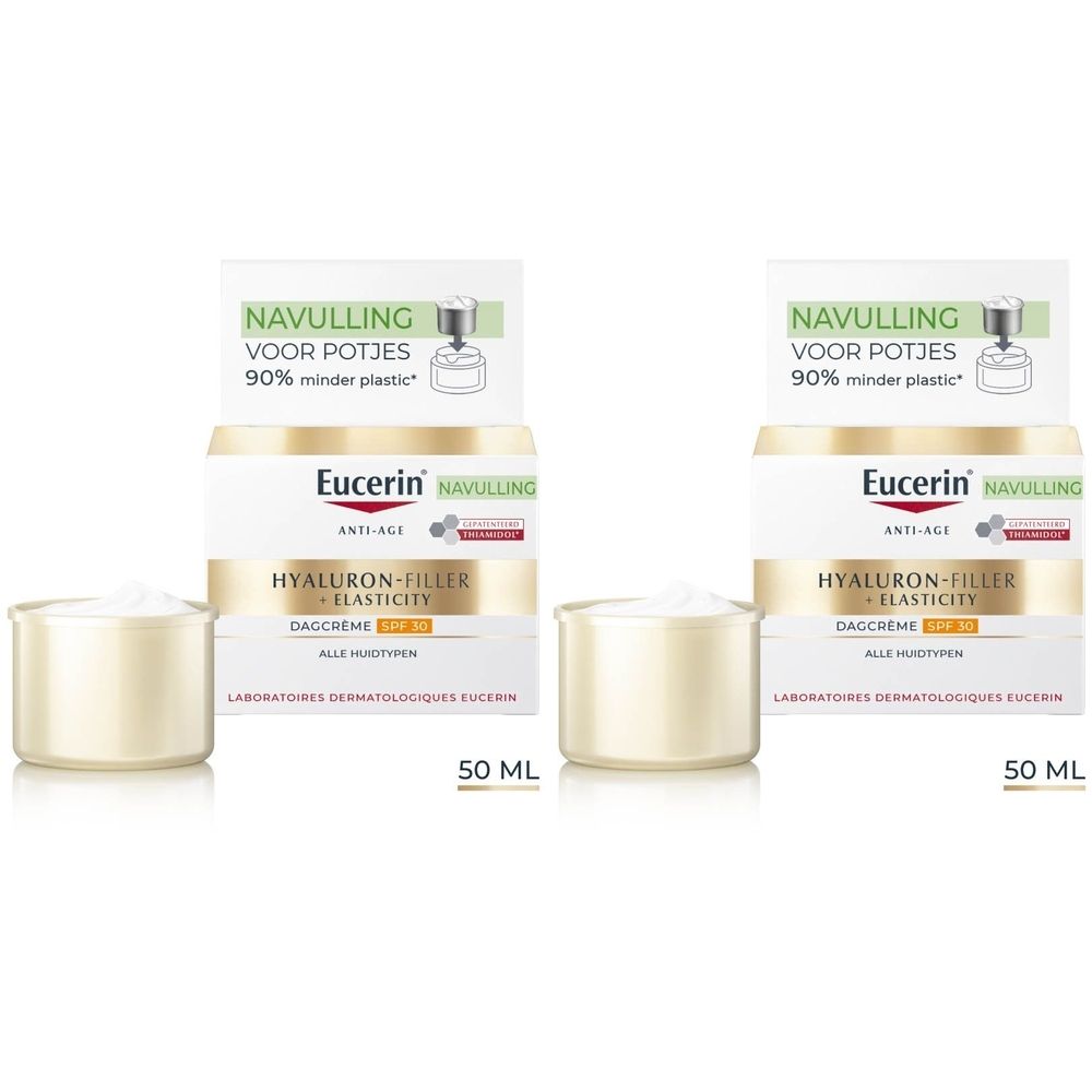 Crèmepot en doos. Eucerin Hyaluron-Filler + Elasticity Dagcrème SPF 30. 50 ml.