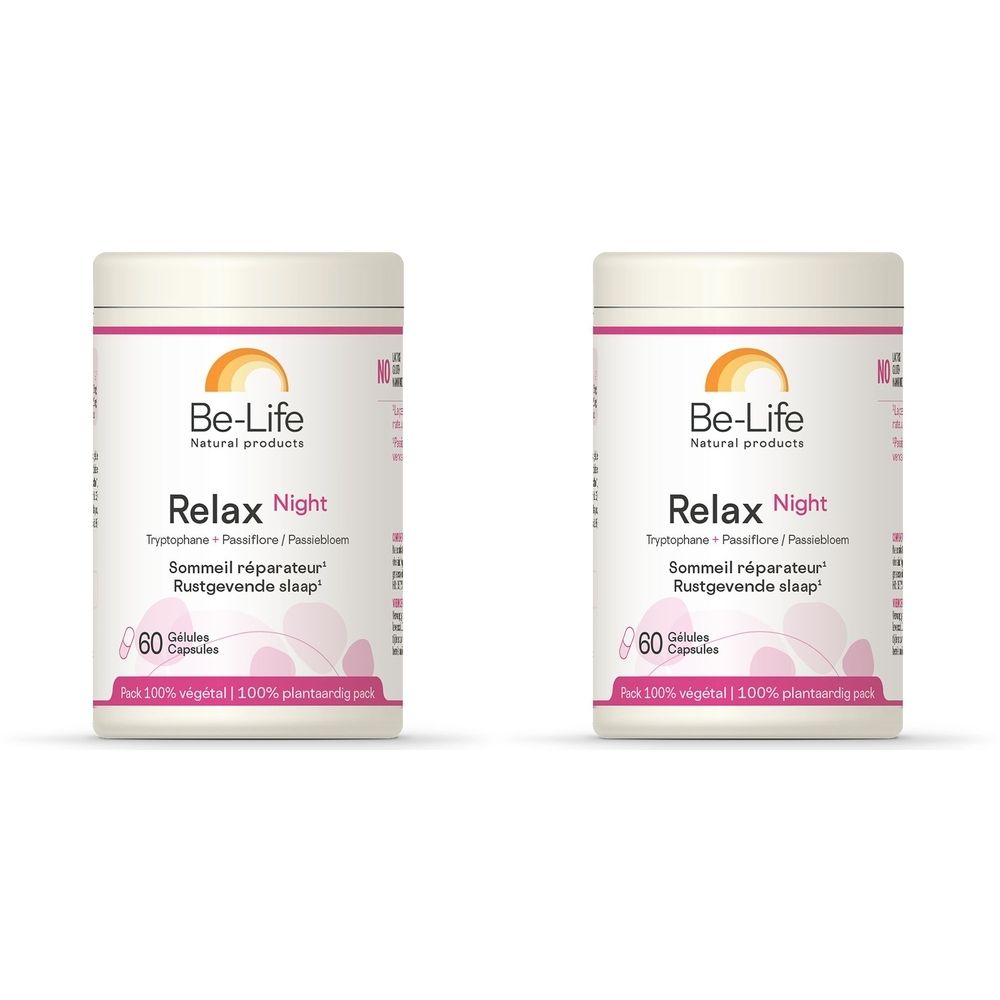 Twee witte potten met "Be-Life Relax Night". Elke pot heeft "60 Capsules".