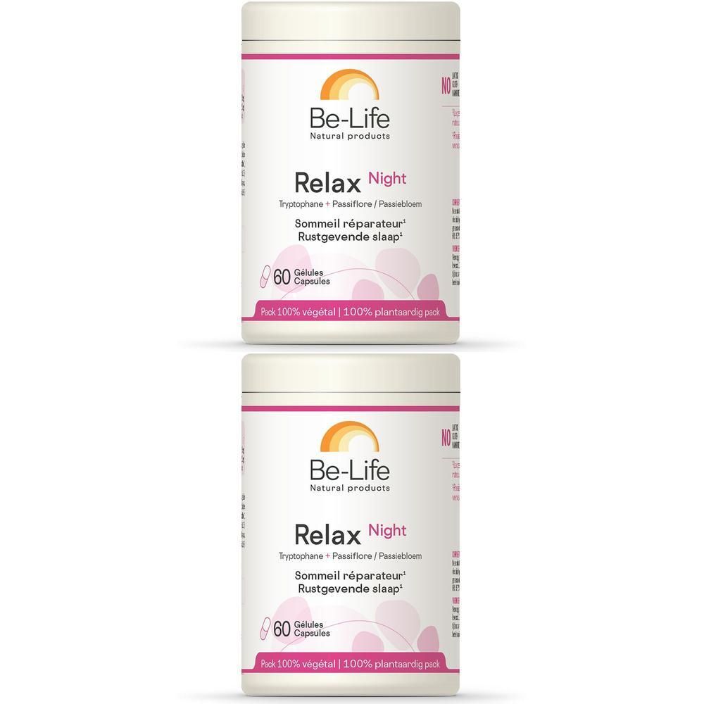 Twee witte potten met roze en oranje etiket. Opschrift: Be-Life Relax Night, 60 capsules.
