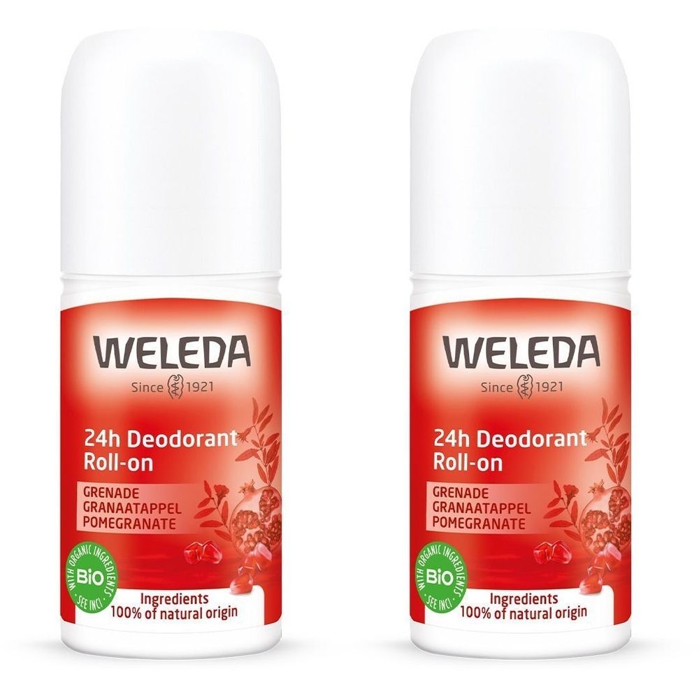 Deux déodorants roll-on blancs avec étiquette rouge. Inscription: WELEDA, 24h Déodorant Roll-on, Grenade. Label Bio et texte: 100% d'origine naturelle.
