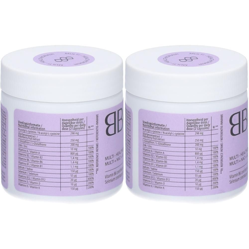 Twee witte potten met paarse etiketten. Opschrift: BBODY, Multi-Healthionair. Voedingswaarde-informatie en logo's.
