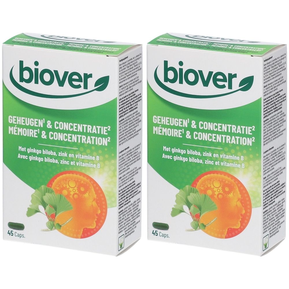 Twee dozen Biover. Opschrift: Geheugen & Concentratie, Mémoire & Concentration. Met ginkgo biloba, zink en vitamine B. 45 capsules.