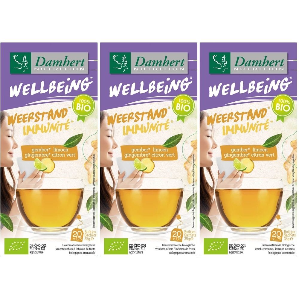 Verpakking van Damhert Wellbeing thee. Opschrift: Wellbeing, Weerstand Immunité, 100% Bio. Bevat 20 zakjes. Bio-keurmerk.