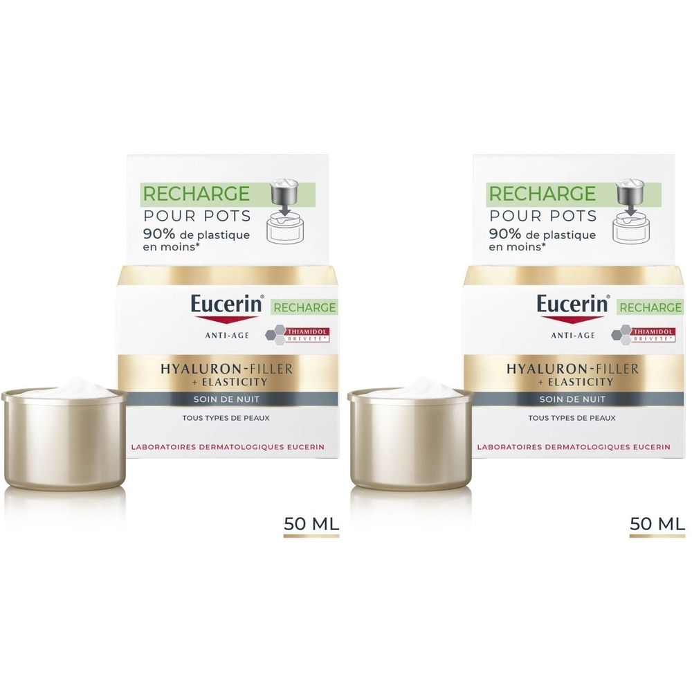 Eucerin Hyaluron-Filler + Elasticity Recharge Soin de nuit. Pot et emballage. 50 ml.