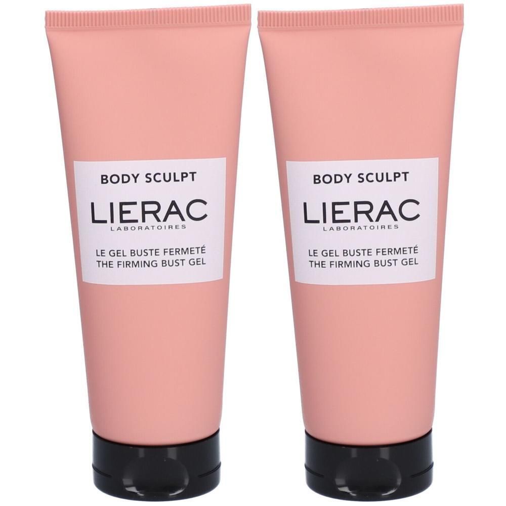 Twee roze tubes met zwarte doppen. Opschrift: BODY SCULPT, LIERAC, LE GEL BUSTE FERMETÉ, THE FIRMING BUST GEL.