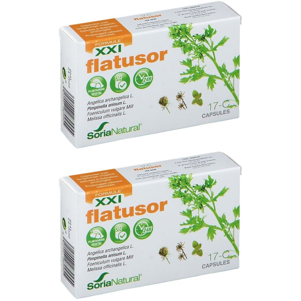 Twee dozen Flatusor XXI. Opschrift: Soria Natural, 17-C Capsules. Bevat kruidenillustraties en productnaam.