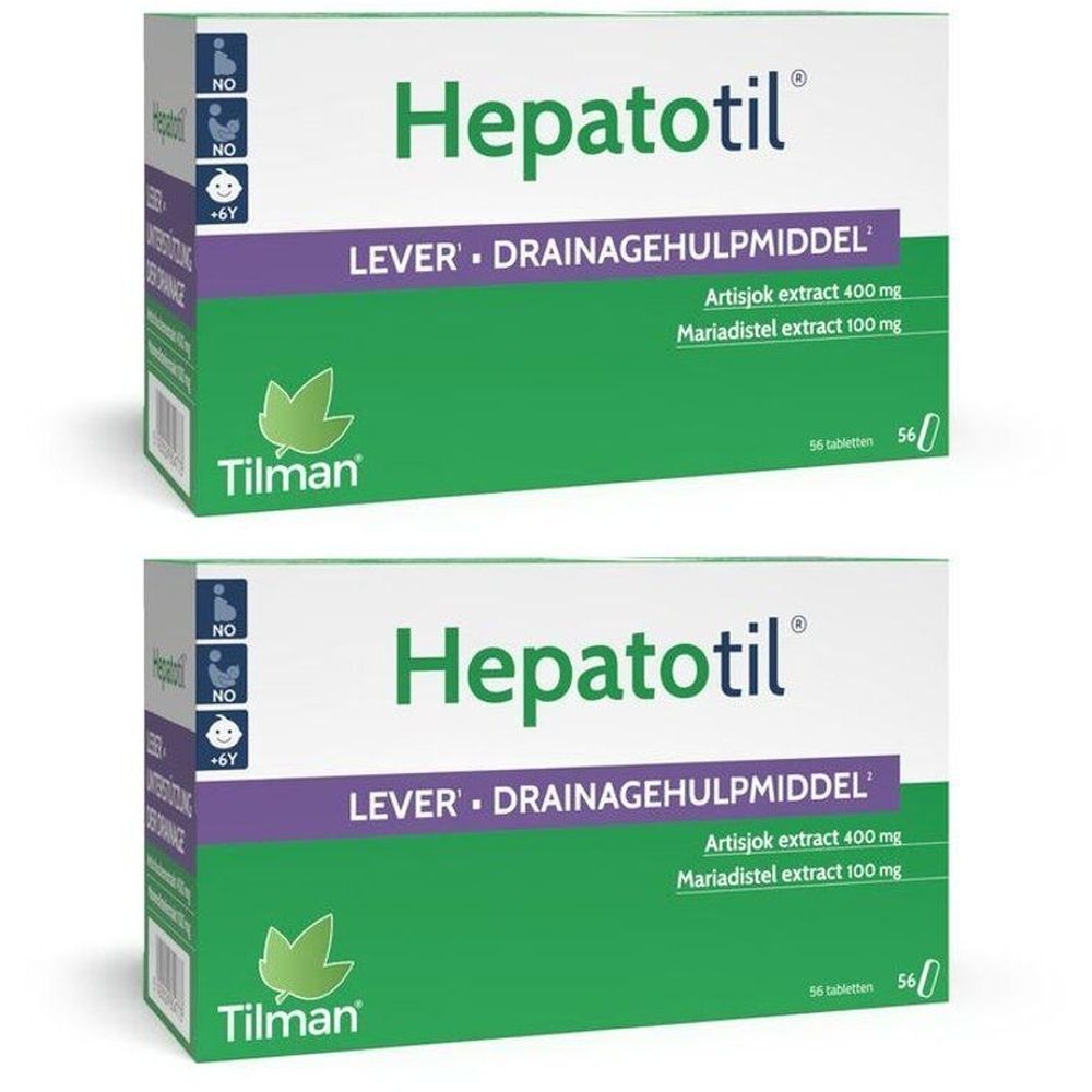Twee dozen Hepatotil. Groen-witte verpakking met productnaam en ingrediënten. Merk Tilman.