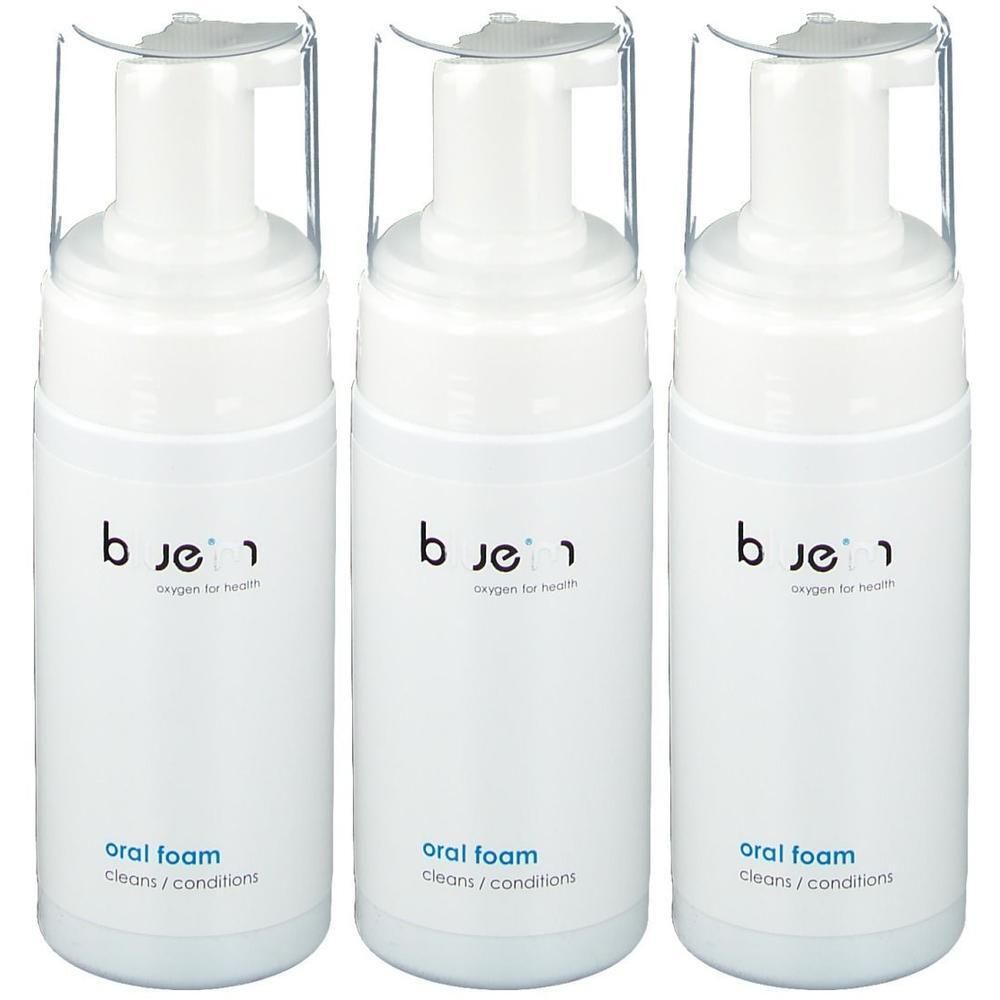 Trois flacons blancs avec bouchons transparents. Inscription: bluem, oral foam, oxygen for health.