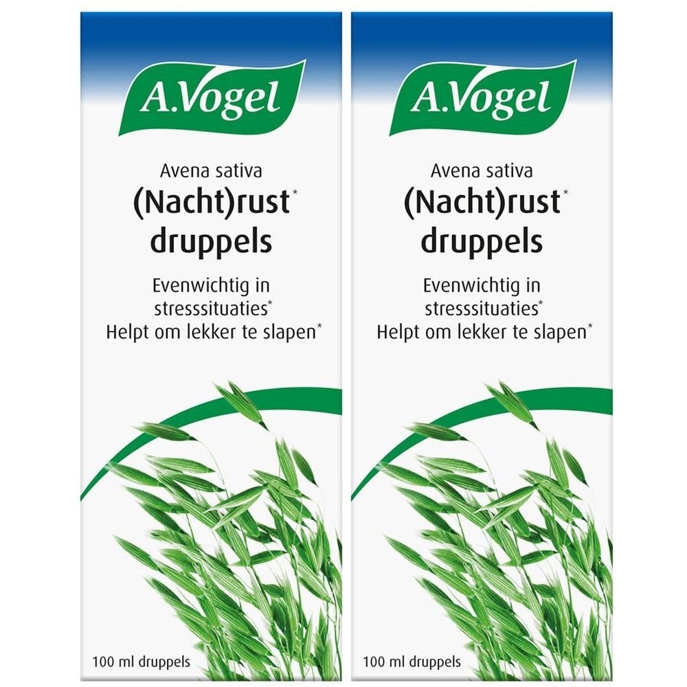 Twee witte dozen met A.Vogel-logo en tekst: Avena sativa (Nacht)rust druppels. Onderaan: 100 ml druppels.