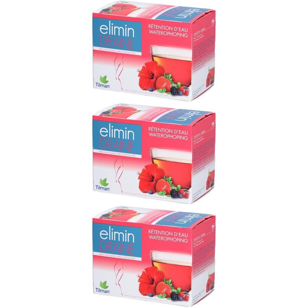 Drie dozen Elimin Draine Tisane. Rode en blauwe verpakking met productafbeelding en tekst.