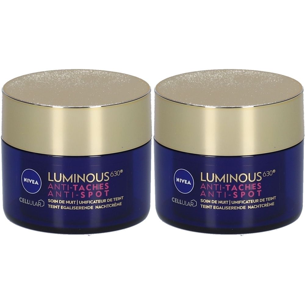 Deux pots bleus avec couvercles dorés. Inscription : Nivea Cellular Luminous 630° Anti-Taches Anti-Spot. Crème de nuit.