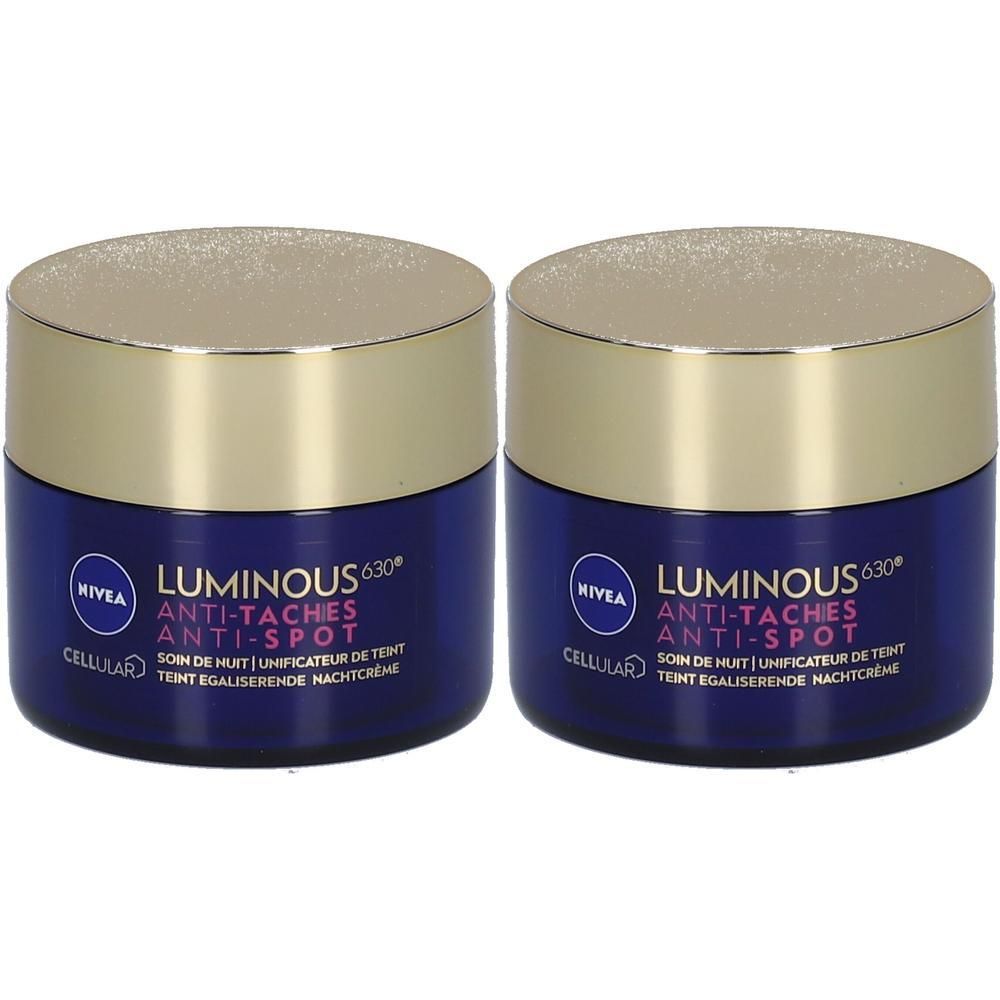 Twee blauwe potten met gouden deksels. Opschrift: NIVEA LUMINOUS630 Anti-Taches Anti-Spot. Nachtcrème.