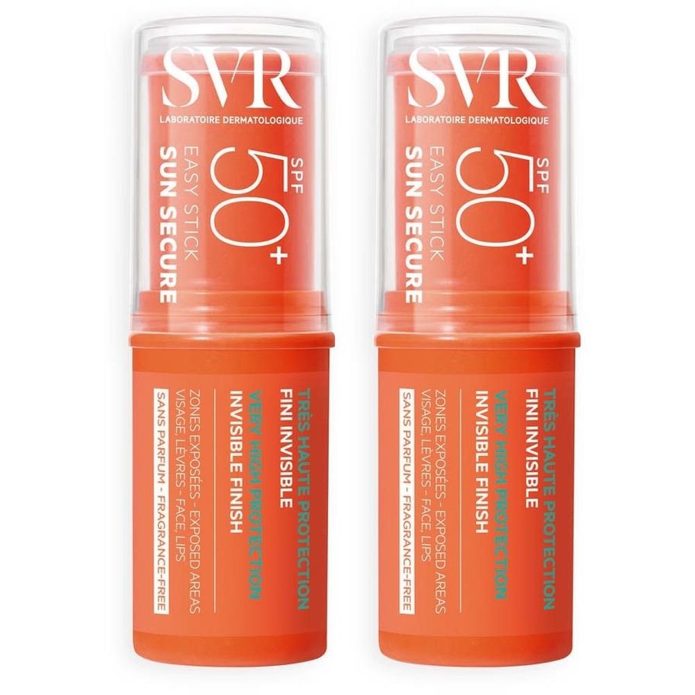 Deux sticks solaires orange SVR Easy Stick SPF50+. Texte blanc, couvercle transparent. Inscription: Sun Secure, Fini Invisible.