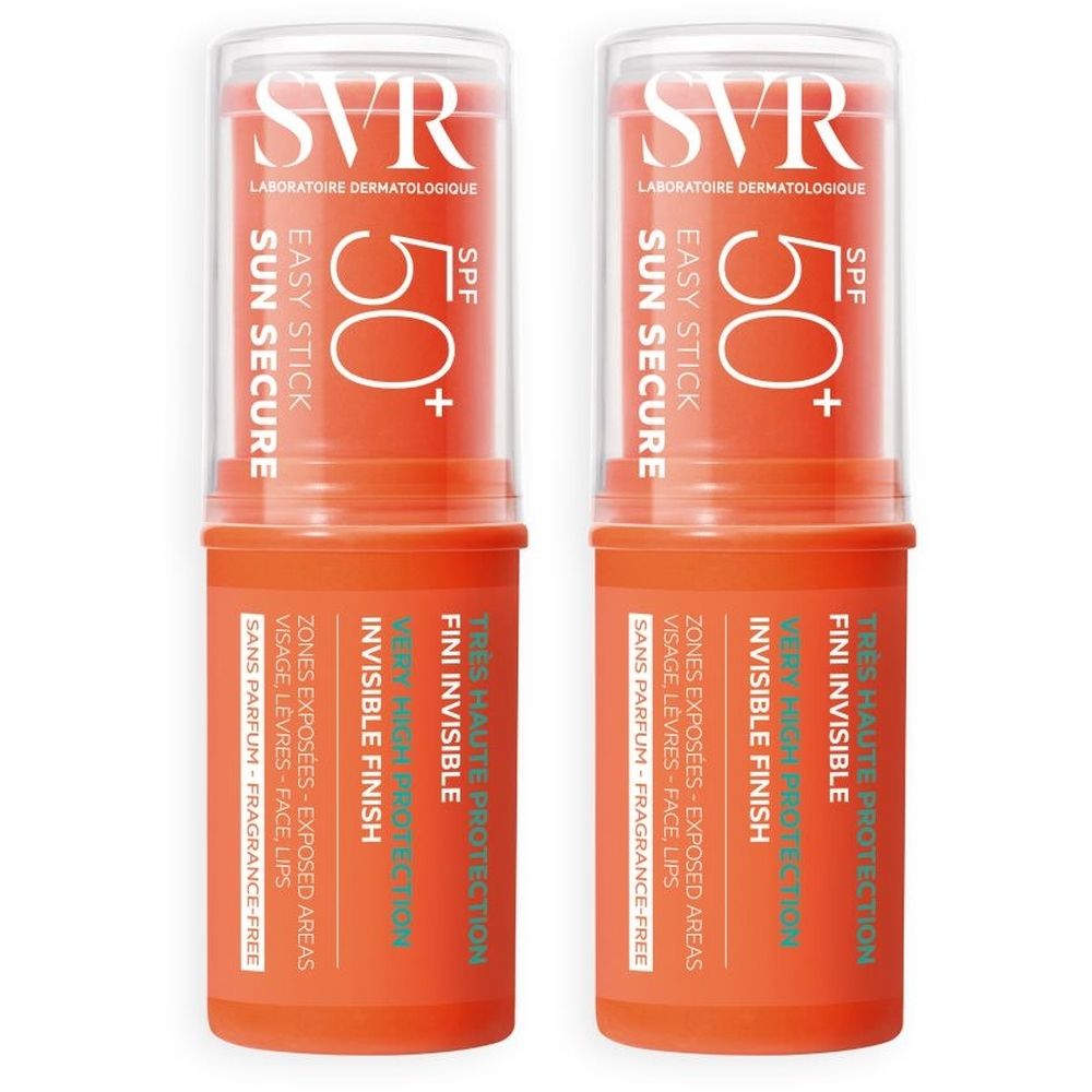 Twee oranje SVR Easy Stick SPF50+ zonnesticks. Witte tekst, transparante dop. Tekst: Sun Secure, Invisible Finish.