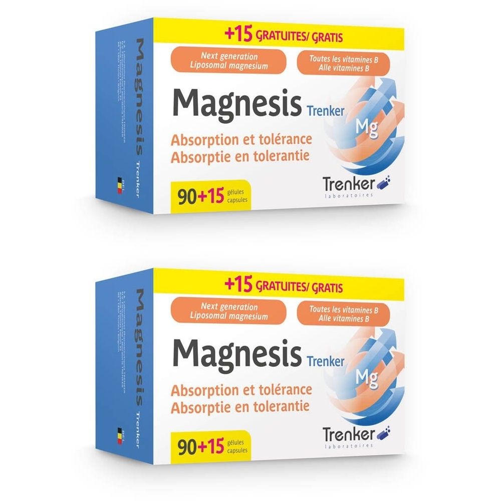 Deux boîtes de Magnesis. Inscription : +15 gratuits, magnésium liposomial, Trenker. Contient 90+15 gélules.
