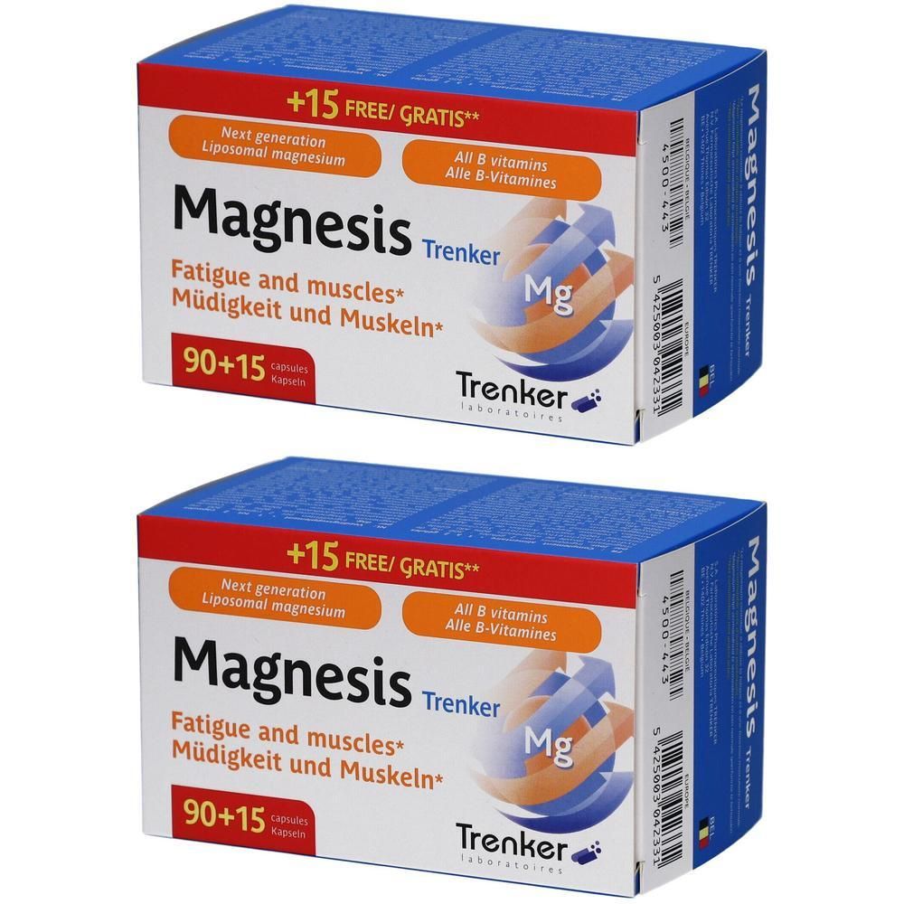 Twee dozen Magnesis. Blauwe en rode verpakking met productnaam en Mg-symbool. Bevat 90+15 capsules.