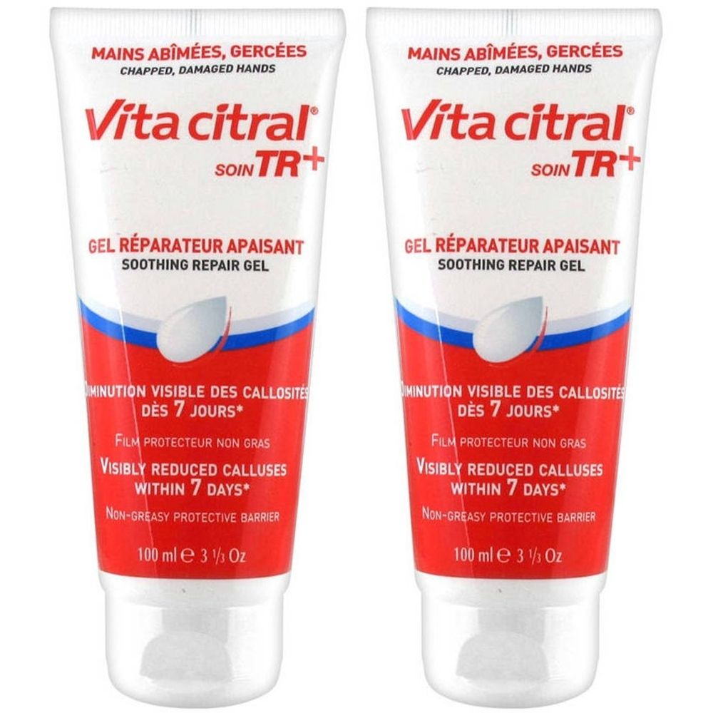 Twee tubes Vita Citral TR+ Gel voor beschadigde handen. Wit, rood en blauw. Tekst: « GEL RÉPARATEUR APAISANT » en « Visibly reduced calluses within 7 days ».