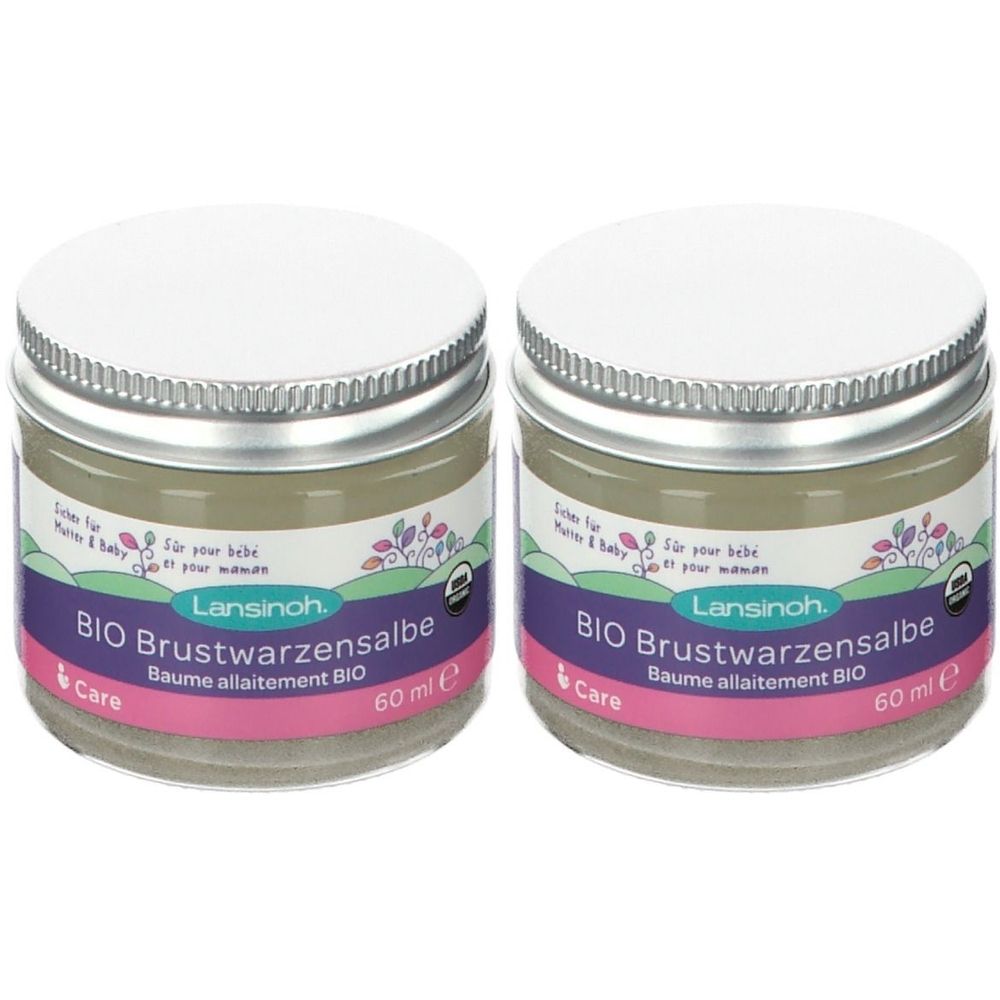 Deux pots avec couvercles blancs. Inscription: BIO Baume allaitement BIO. Marque: Lansinoh. Contenu: 60 ml.