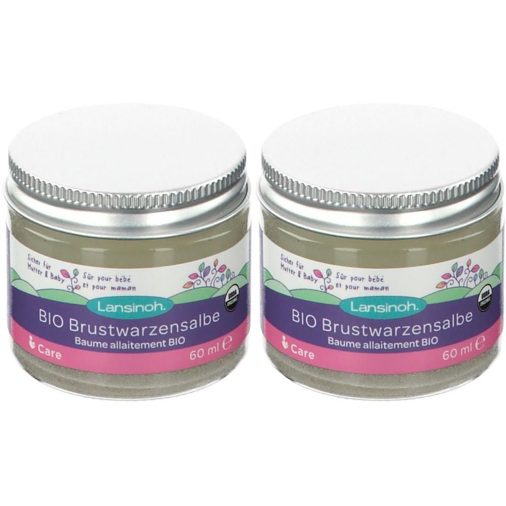 Twee potjes BIO tepelzalf met deksels. Etiket met tekst en logo. 60 ml.