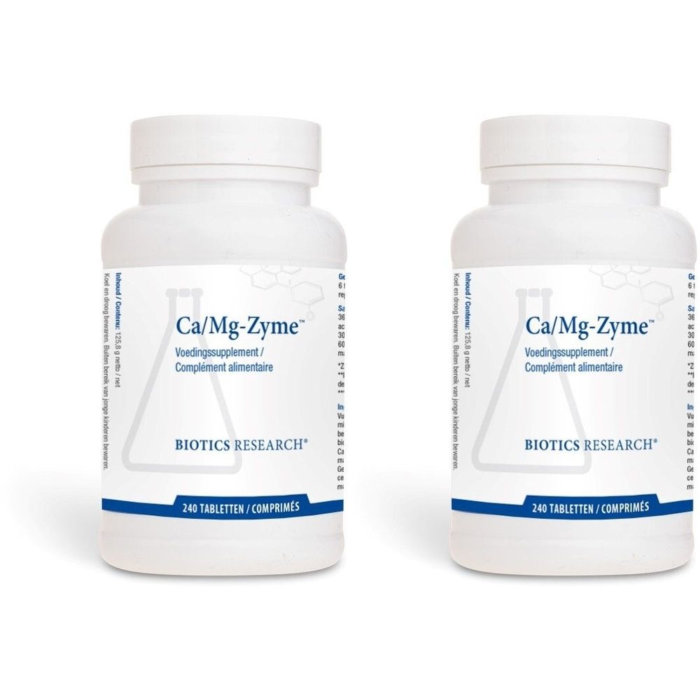 Deux flacons blancs avec bouchon à vis. Inscription : Ca/Mg-Zyme, Voedingssupplement/Complément alimentaire, BIOTICS RESEARCH. 240 Tabletten/Comprimés.
