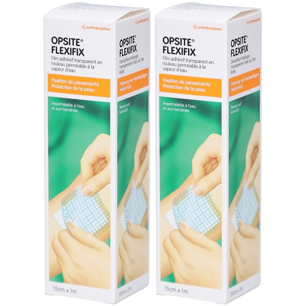 Deux boîtes OPSITE FLEXIFIX. Film adhésif transparent en rouleau. Fixation de pansements. 15cm x 1m.