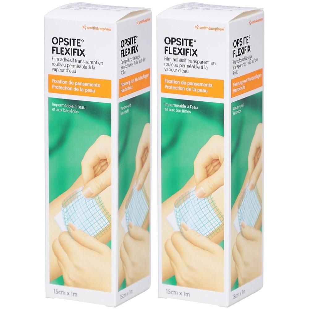 Twee verpakkingen Opsite Flexifix. Opschrift: Film adhésif transparent, Fixation de pansements, 15cm x 1m. Toepassing getoond.