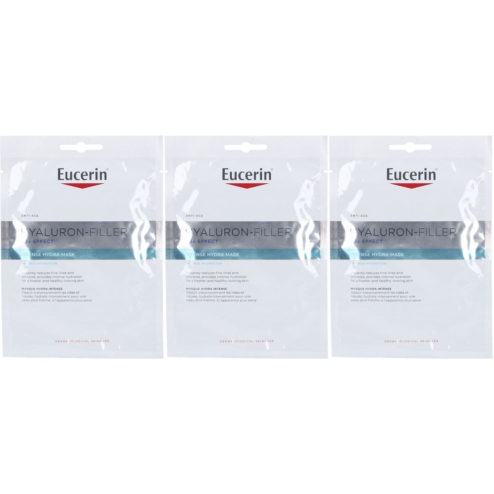 Trois sachets Eucerin Hyaluron-Filler + 3x Effect Intense Hydra Mask. Emballage blanc avec accents bleu-gris. Marque et nom du produit visibles.