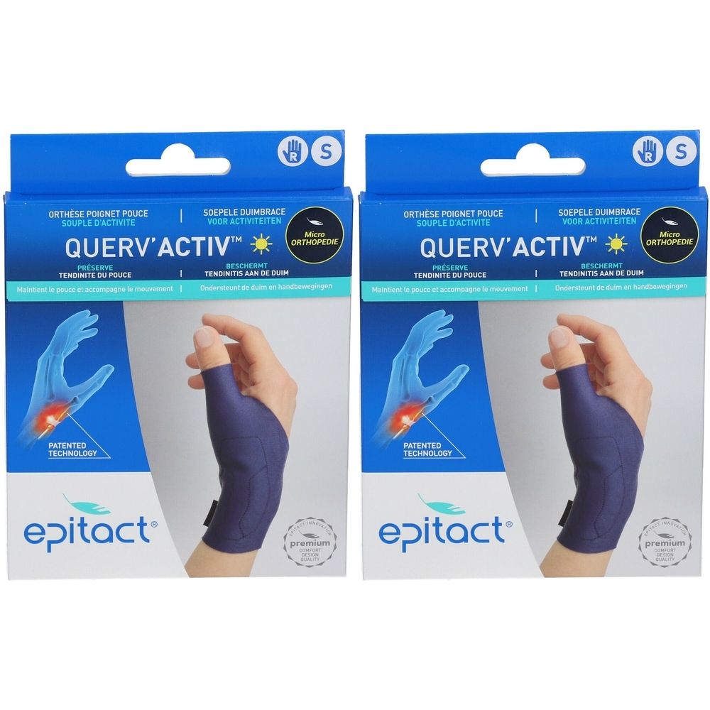 Deux boîtes de Epitact® Querv'Activ™ Droite Small. Attelle de poignet bleue avec pouce. Emballage avec image du produit et nom de la marque.