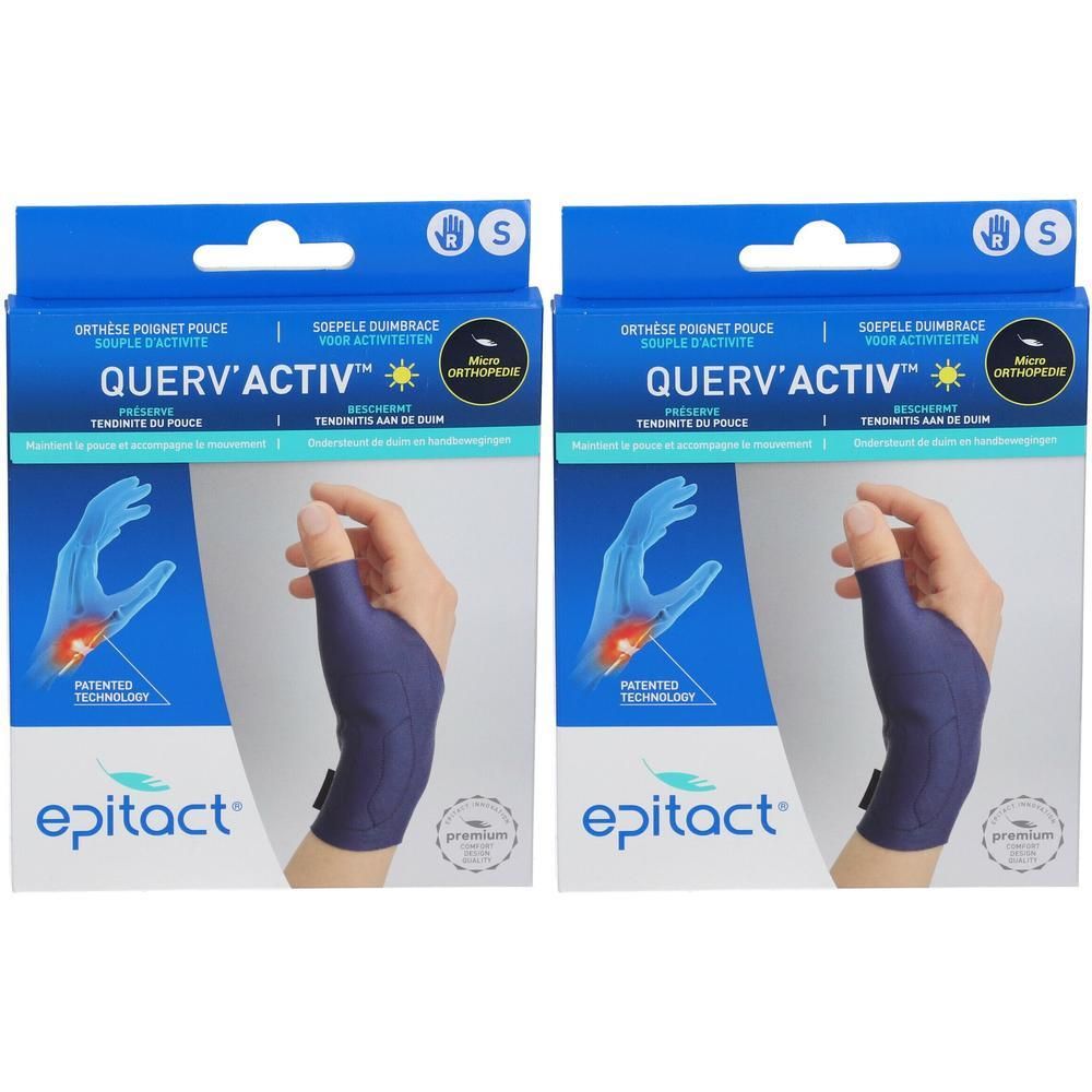 Twee Epitact Querv'Activ polsbraces, blauw, in verpakking. Opschrift: Querv'Activ, Micro Orthopedic, S.