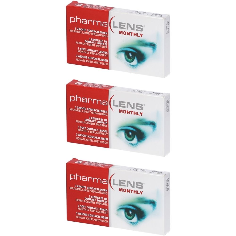 Drie verpakkingen Pharma Lens Monthly contactlenzen. Elke verpakking toont een oog en bevat 3 zachte lenzen.