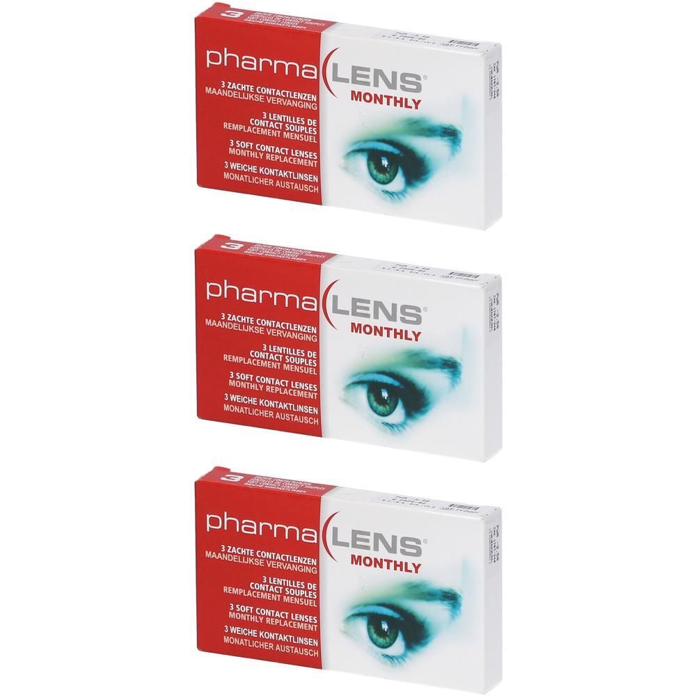 Drie verpakkingen PharmaLens Monthly contactlenzen. Elke verpakking toont een oog en productinformatie.