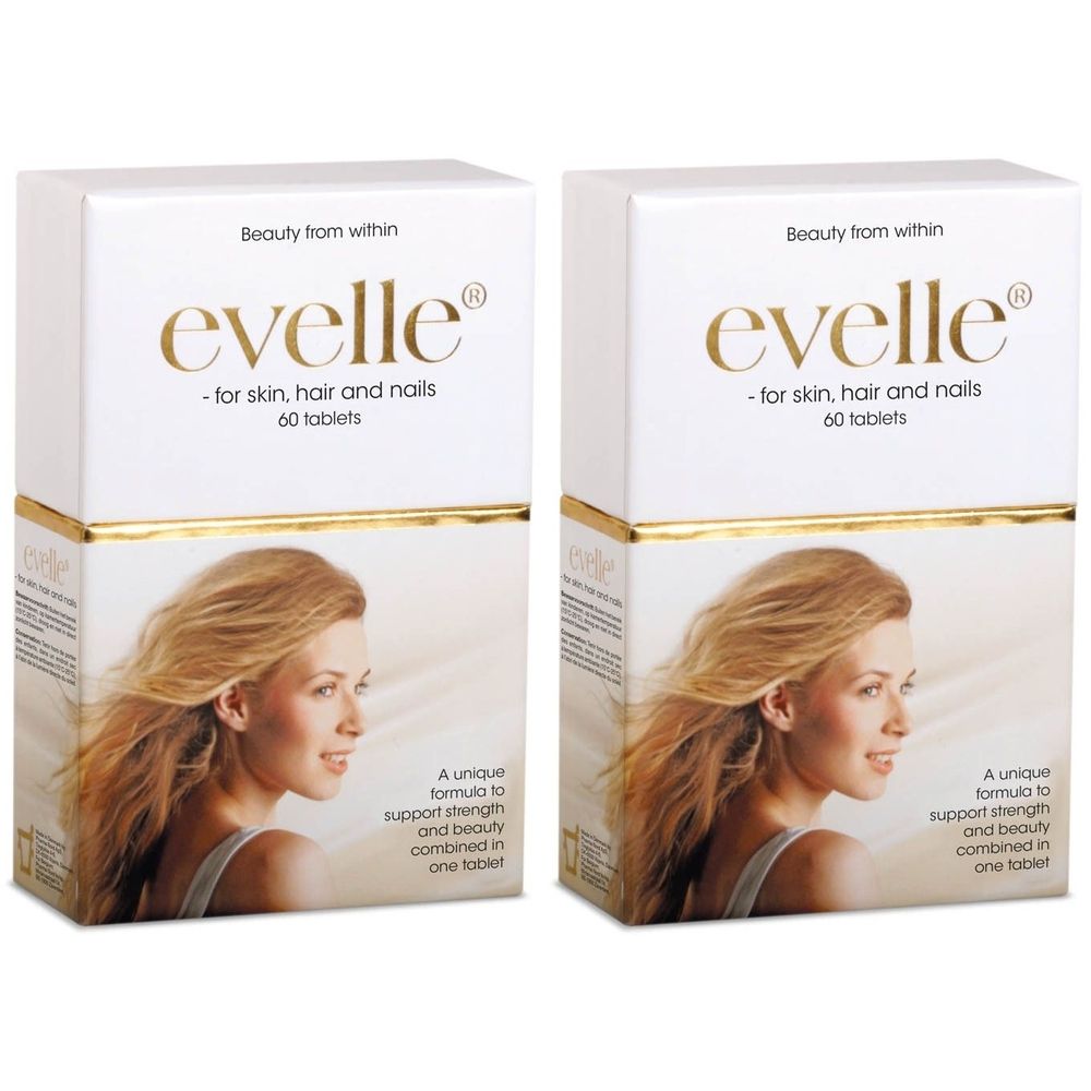 Deux boîtes blanches avec le nom du produit "evelle" et l'inscription "pour la peau, les cheveux et les ongles".