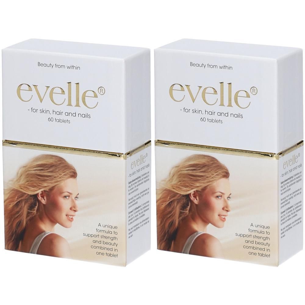 Twee witte dozen met gouden tekst "evelle" en portret van een vrouw. Tekst: "for skin, hair and nails". 