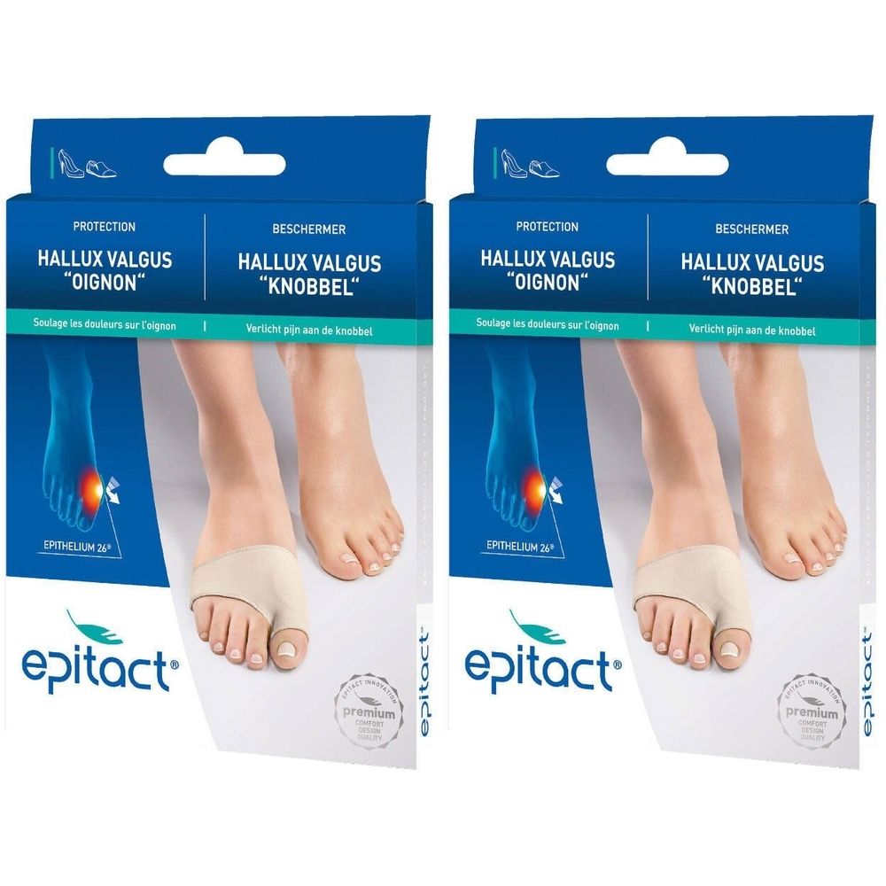 Deux boîtes de protection Hallux Valgus Epitact. Chaque boîte montre un pied avec la protection. Emballage bleu avec le nom du produit.