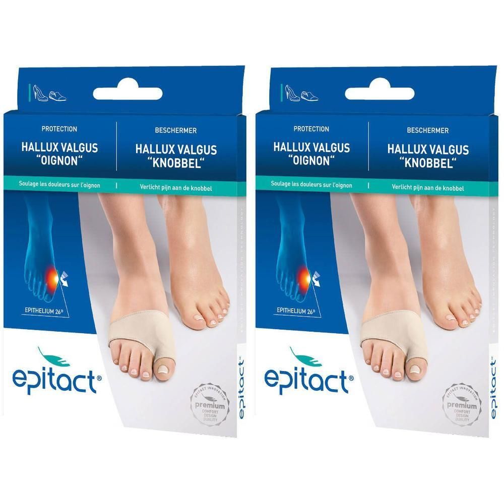 Twee verpakkingen Epitact® Hallux Valgus bescherming. Beige bandage op voet, illustratie van voet met pijnpunt.