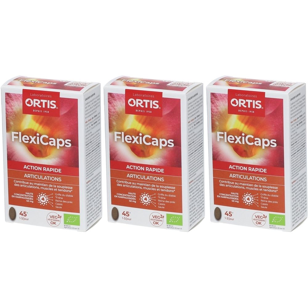 Drie dozen FlexiCaps. Opschrift: Ortis, FlexiCaps, Action Rapide Articulations, 45 capsules, VEGA OK.