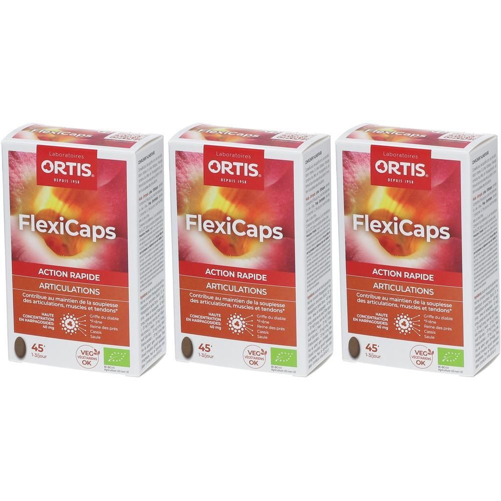 Drie dozen Ortis FlexiCaps. Rode en witte verpakking met productnaam en logo. 45 capsules, vegan.