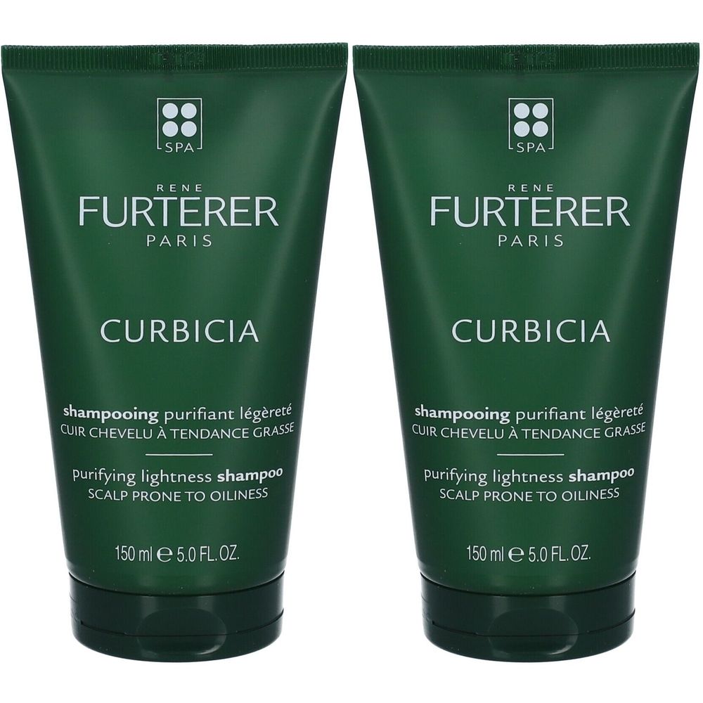 Deux tubes verts de shampooing. Inscription: René Furterer Curbicia, Shampooing Purifiant Légèreté, 150 ml.