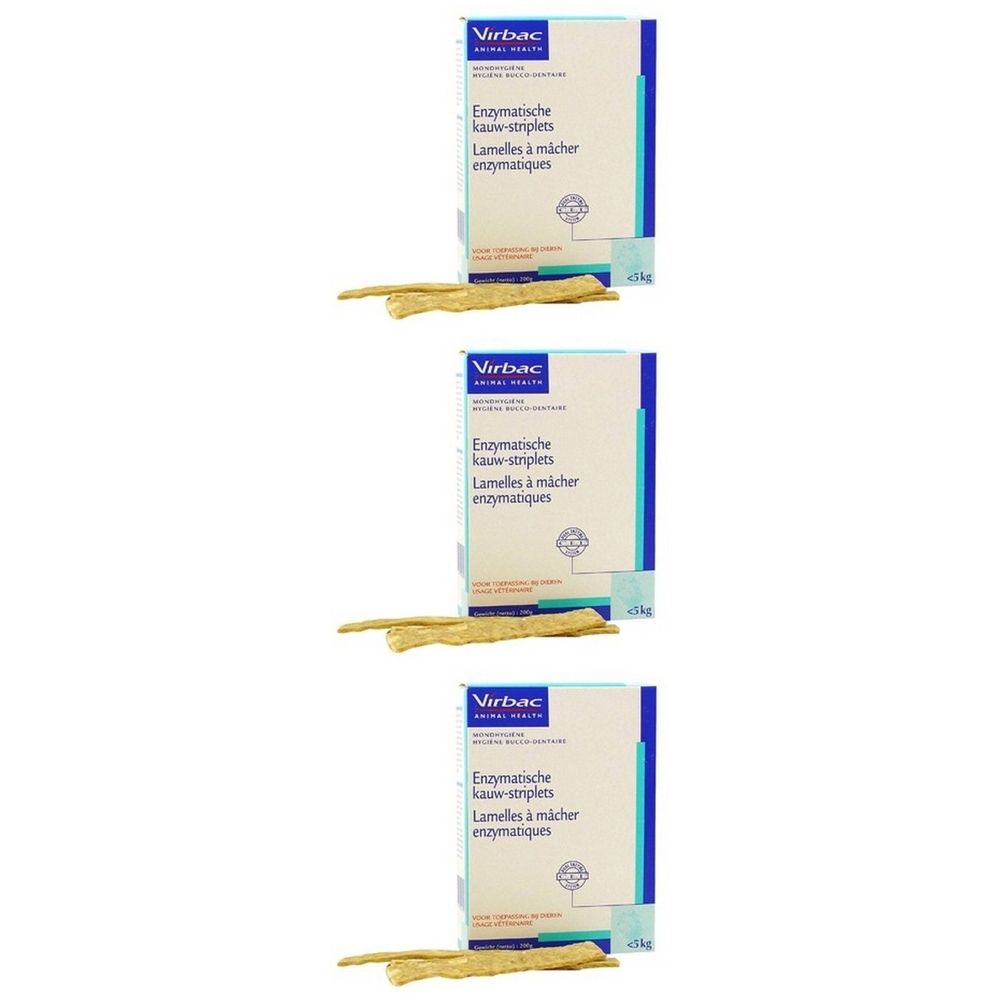 Drie dozen met enzymatische kauwstrips, met drie kauwstrips. Het logo van Virbac is zichtbaar op de dozen.