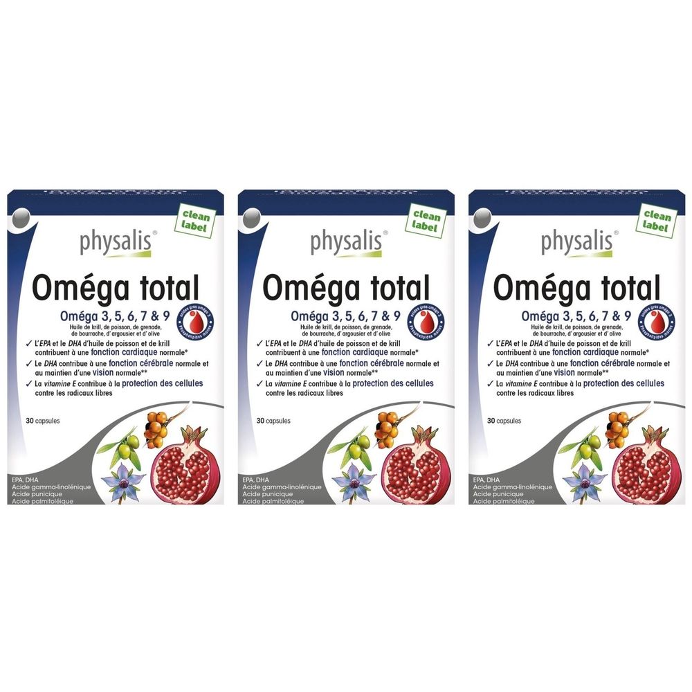 Trois boîtes Physalis® Oméga total. Emballage bleu et blanc avec nom du produit et informations. Illustration de grenade et de baies.